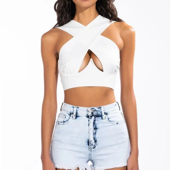 New with Tag! AKIRA White Cross Front Crop Top - Picture 3 of 7
